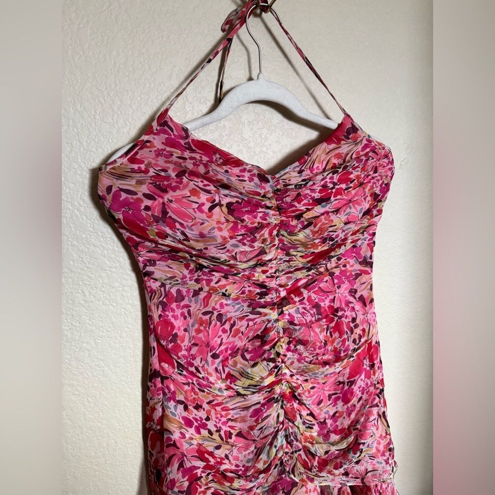 Vintage Y2K Muse Asymmetrical Draped Floral Silk Halter Midi Dress Sz 6 Pink - Picture 2 of 7